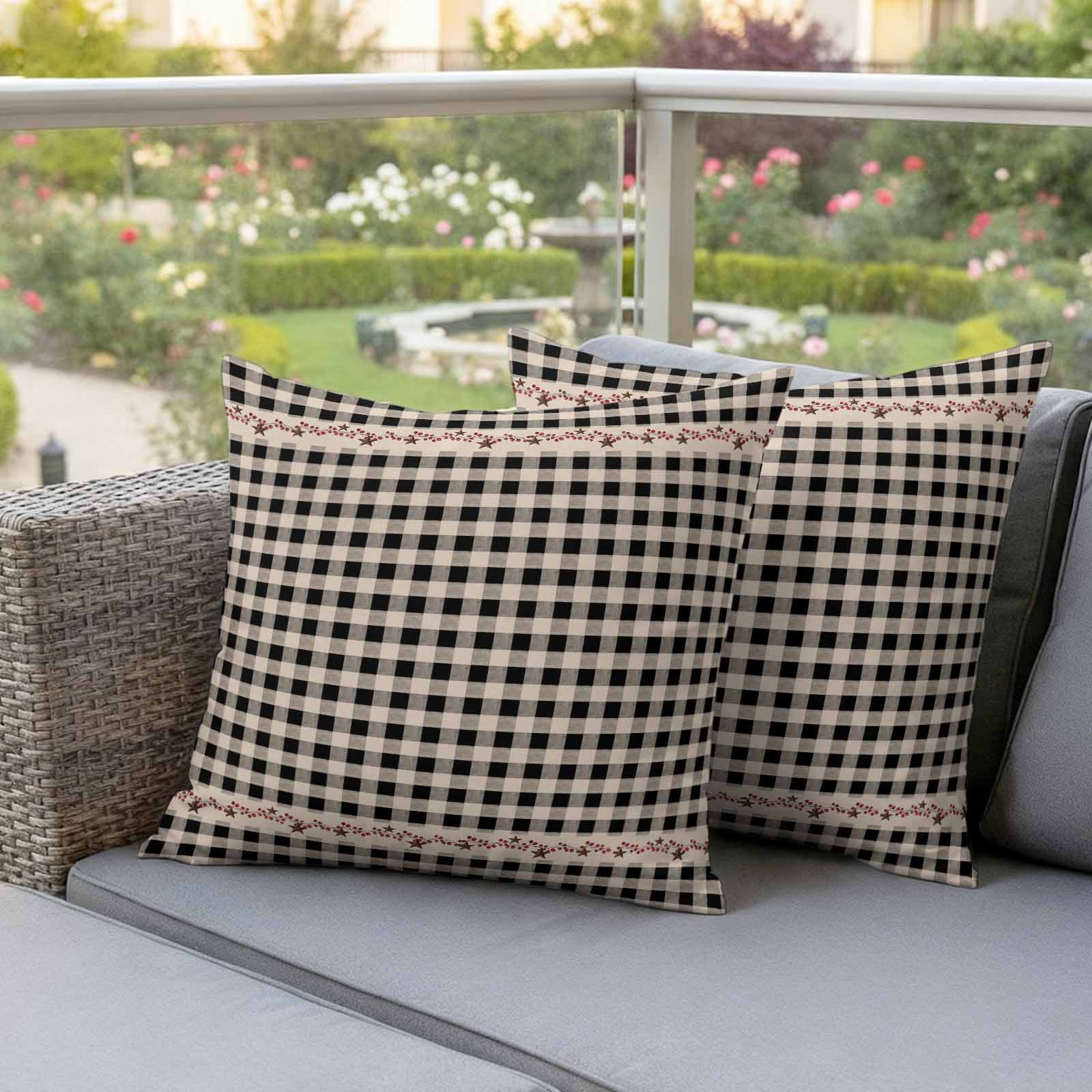 Country Star Plaid Outdoor Waterproof Pillow Covers, Black Retro American Farm Barn Berry Decorative Square Throw Pillowcase Sofa Cushion Sham for Patio/Couch/Chair, 16"x16" 2 Pack