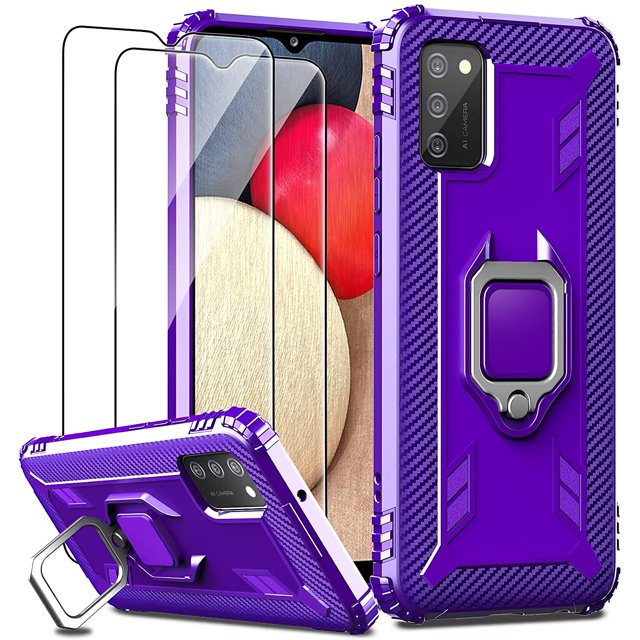 FYBTO Designed for Samsung Galaxy A02S Case with 2PCS Tempered Glass Screen Protector, Military Grade Protection Heavy Duty Shockproof Phone Case Cover with 360 Ring Kickstand for Samsung A02S, Black