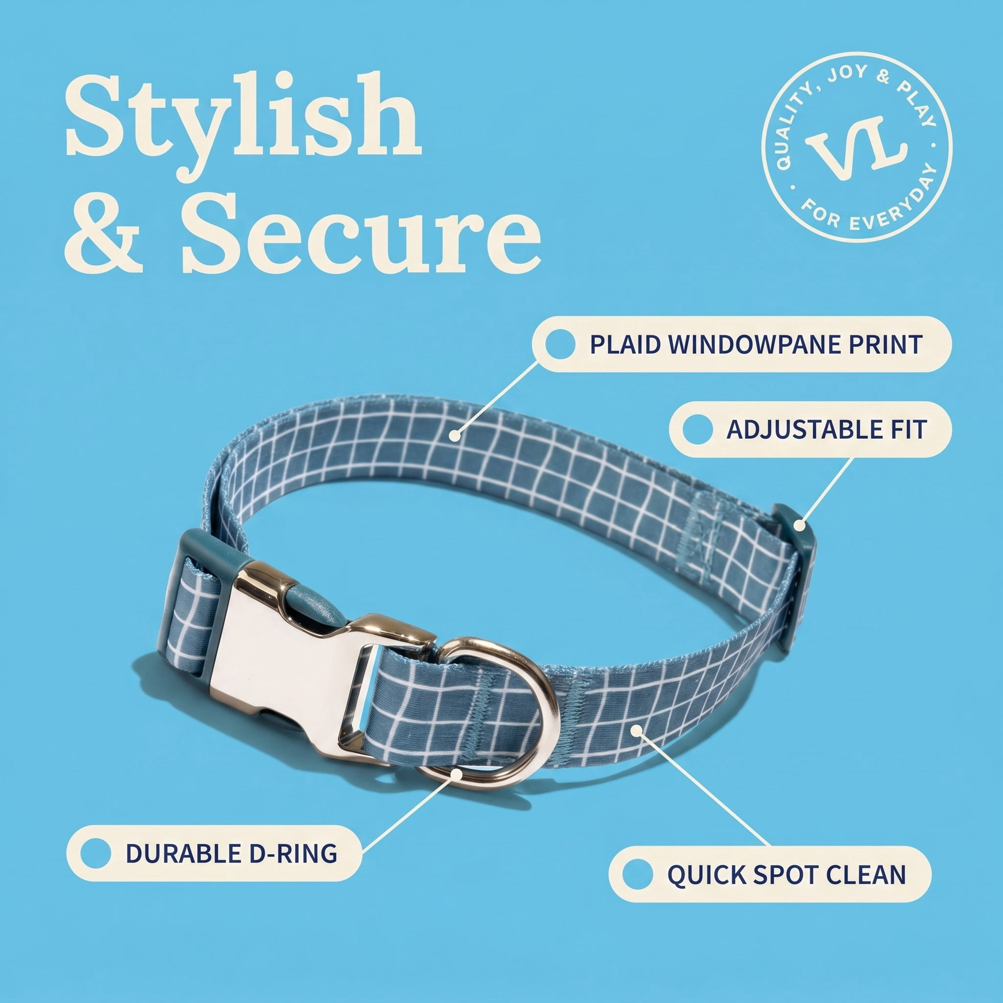 Vibrant Life Adjustable Fashion Dog Collar, Blue Grid, S