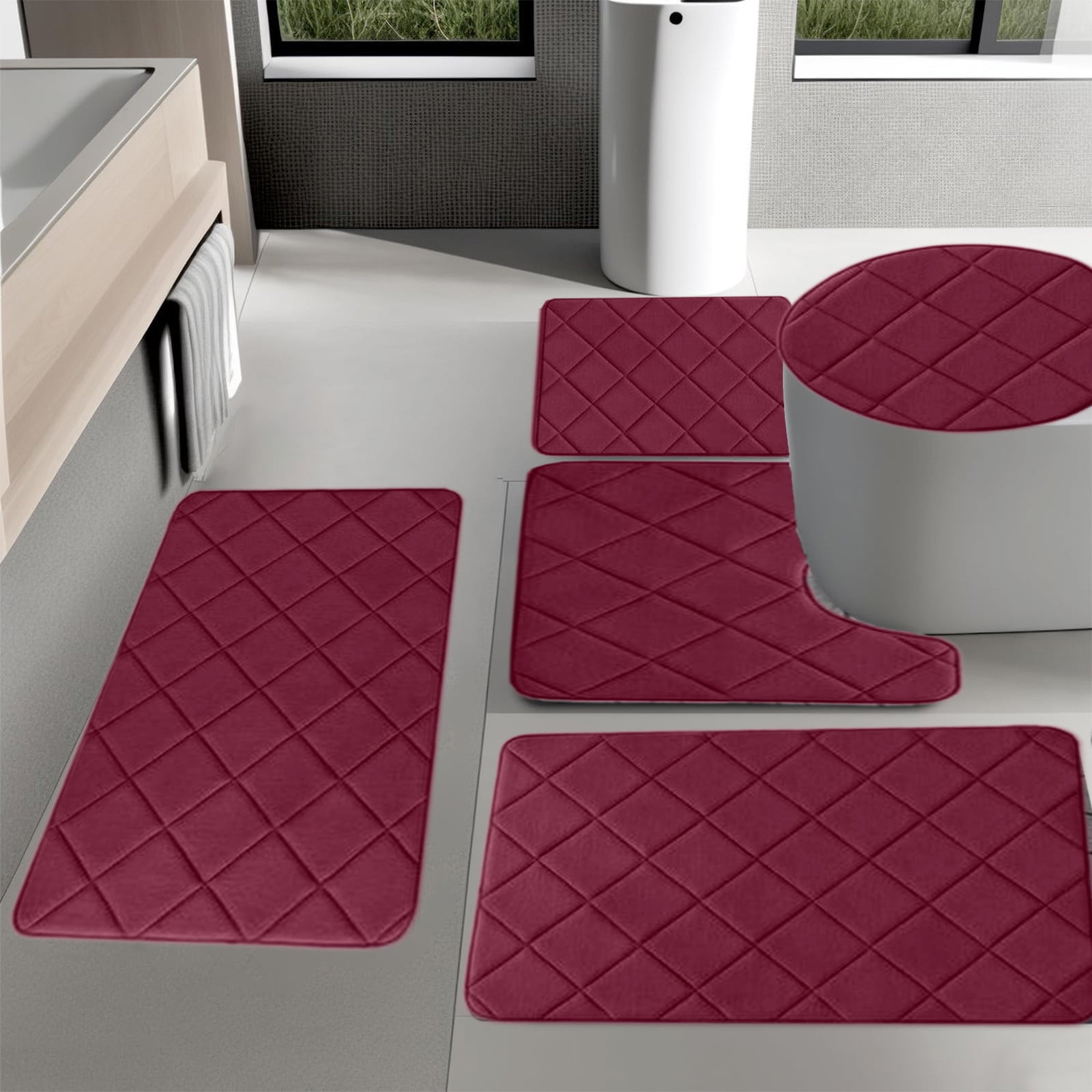 5-Piece Bathroom Rug Set with Thick Memory Foam Padding and Non-Slip Rubber Backing, Super Absorbent Washable Toilet Mats for Shower Tub Floor Home Decor Family Use
