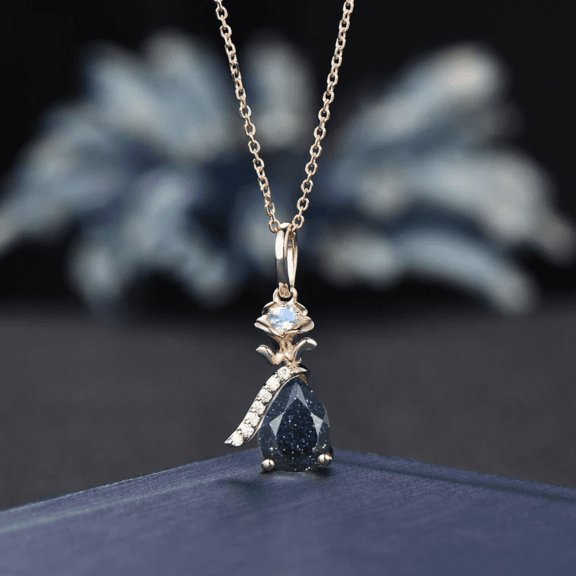 Pear Cut Galaxy Blue Sandstone Pendant - Moonstone Floral Wedding Necklace - Unique Handmade Proposal Christmas Gifts for Women