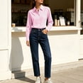 thumbnail image 6 of Feancey Business Shirts for Women Gingham Long Sleeve Button Down Shirt Lapel Collar V Neck Casual Dress Shirts Elegant Office Work Blouses Pink S, 6 of 7