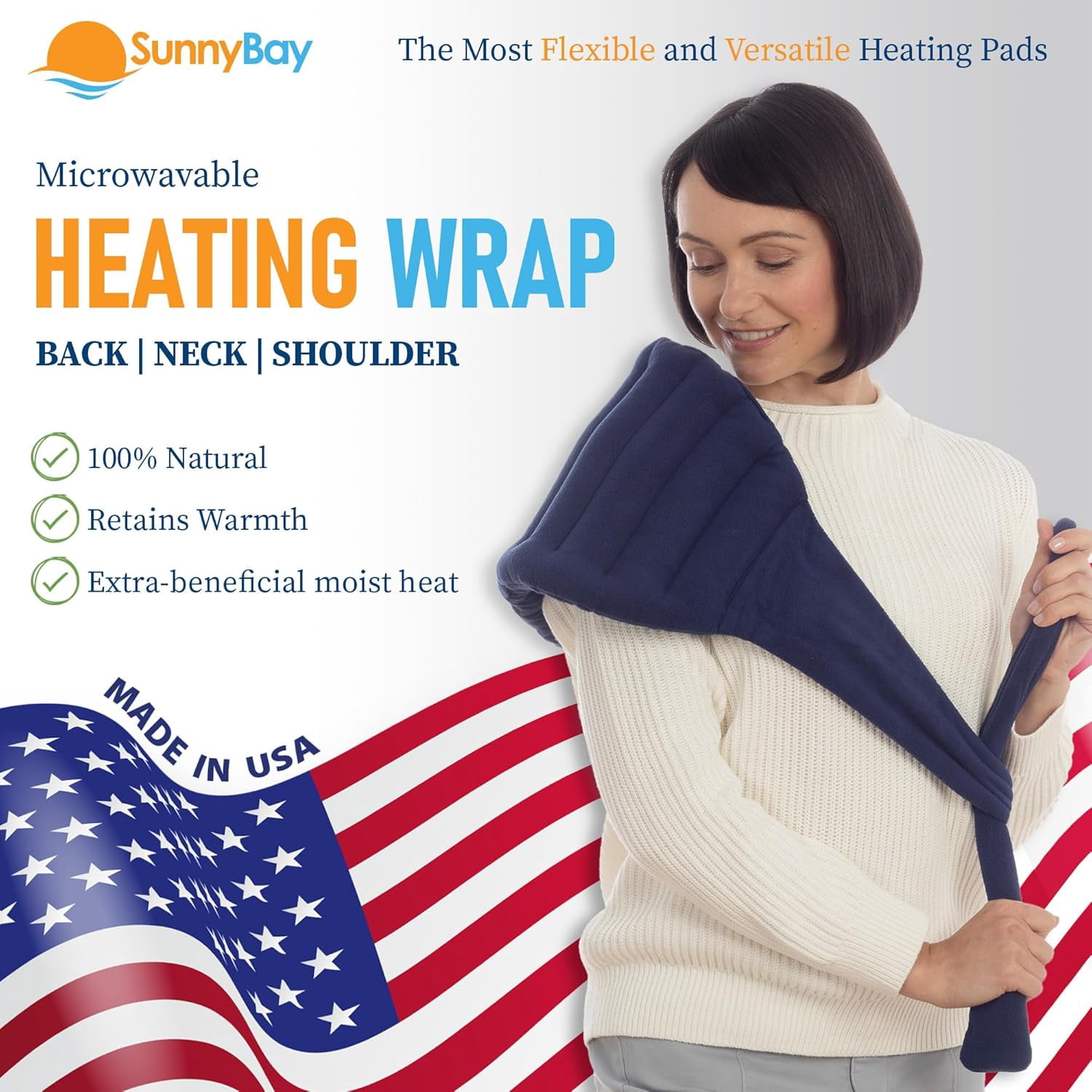 SunnyBay Microwave Heating Pad 10x18 Inches Large Heating Area with Fastening Straps 58 Inches, Microwavable Moist Hot or Cool Bean Bag Wrap for Neck, Shoulder, Knee, or Back Pain, 2.8 Lbs, Navy Blue