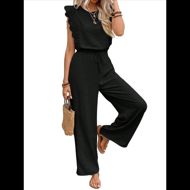 para Mujer, Verano 2025, Mangas con Volantes, Cuello Cuadrado, con Cordón y Bolsillos, Negro, Talla M