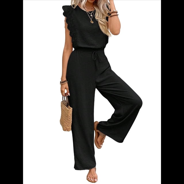 para Mujer, Verano 2025, Mangas con Volantes, Cuello Cuadrado, Mono con Cordón y Bolsillos, Negro, Talla XL