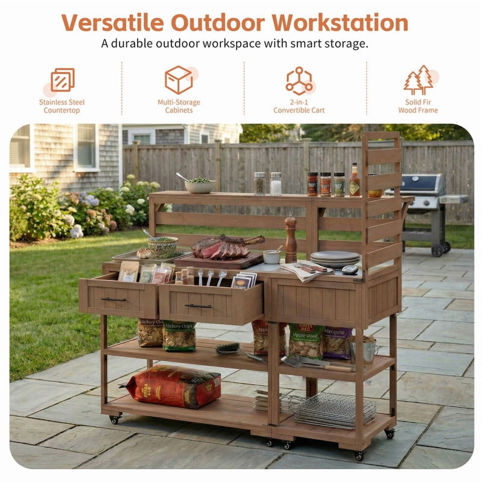 62.3''W Outdoor Kitchen Island Set of 2 with Stainless Table Top, Garden Potting Bench with Shelf and Drawers, BBQ Prep Grill Table