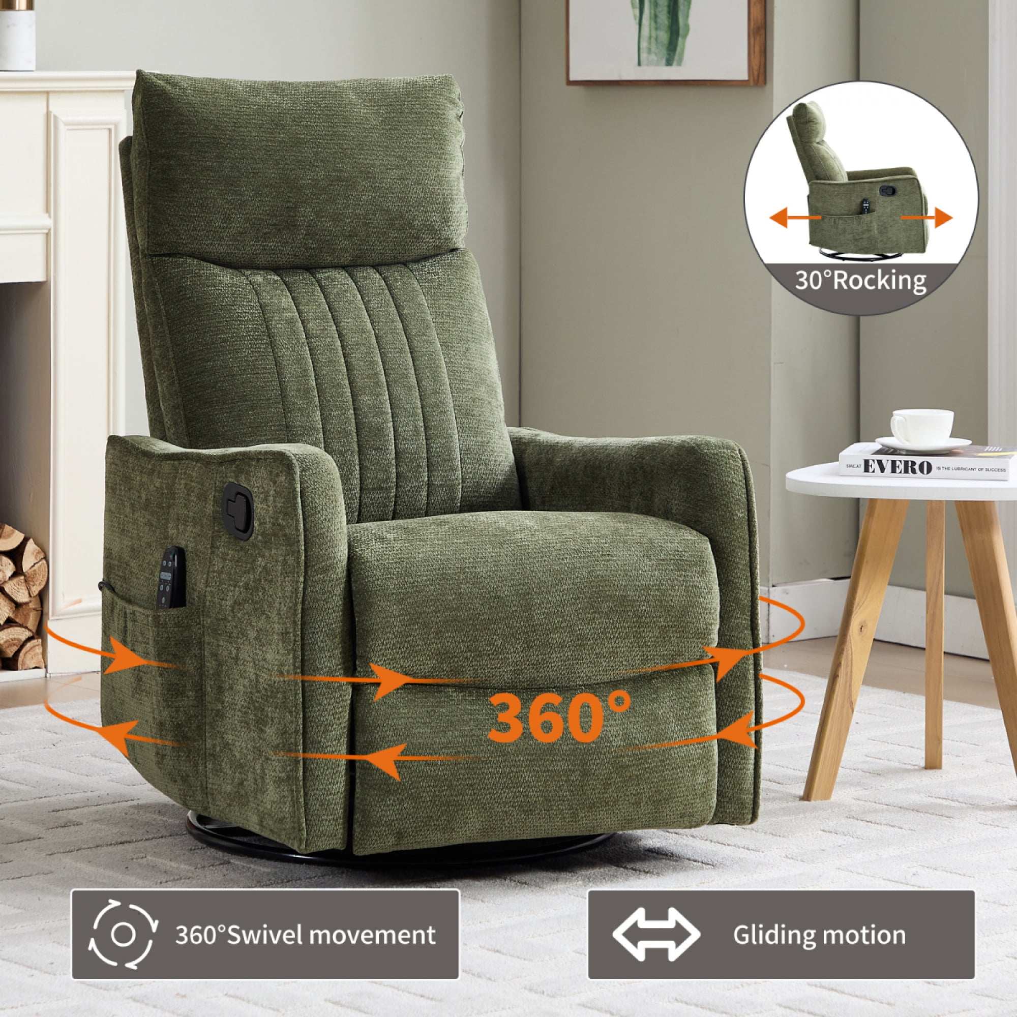 360 Swivel Rocking Recliner Chair for Adults, Nursery Rocking Chair with Heat and Massage, Glider Reclining Chair for Small Space, Living Room, Bedroom (Chenille, Green)