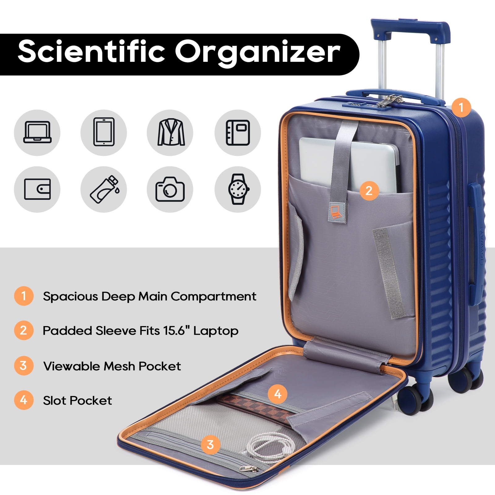 Joyway Front Opening Cover Carry-on Luggage Side Hooks TSA Lock Spinner Wheels YKK Zippers