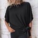 thumbnail image 5 of Mujer Verano Top Dobladillo Anudado Espalda Plisada Línea Media Ojo De Cerradura Espalda Media Manga Cuello Redondo Camisa De Verano Top Negro S, 5 of 8