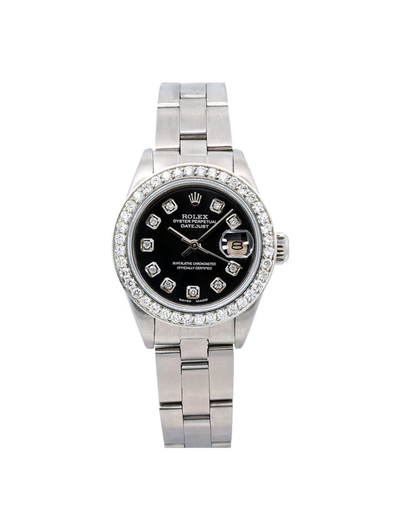 Pre-Owned Rolex Datejust 26MM 6916 Black Diamond Dial Diamond Bezel Stainless Steel Oyster Bracelet