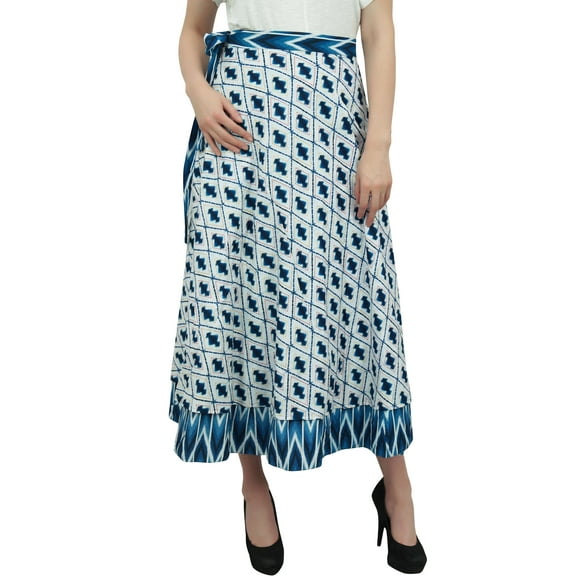 Phagun Indian Dress Reversible Ikat Printed Cotton Blue Boho Chic Wrap Skirt