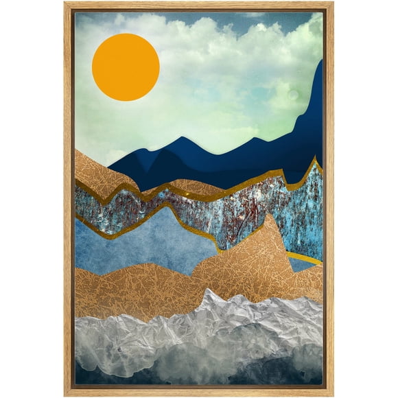 IDEA4WALL Framed Canvas Print Wall Art Orange Sun Over Blue Graphite Mountains Abstract Wilderness Illustrations Modern Art Rustic Multicolor Cool for Living Room, Bedroom, Office - 16"x24" Natural