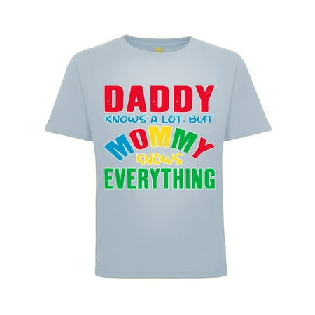 

Daddy Knows a Lot But My Mommy Knows Everything Humor Toddler Crew Graphic T-Shirt Light Blue 2T