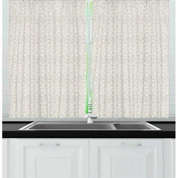 Ambesonne Flower Kitchen Curtains, Simplistic Curly Floral Art, 55"x39", Ivory and Dark Eggshell