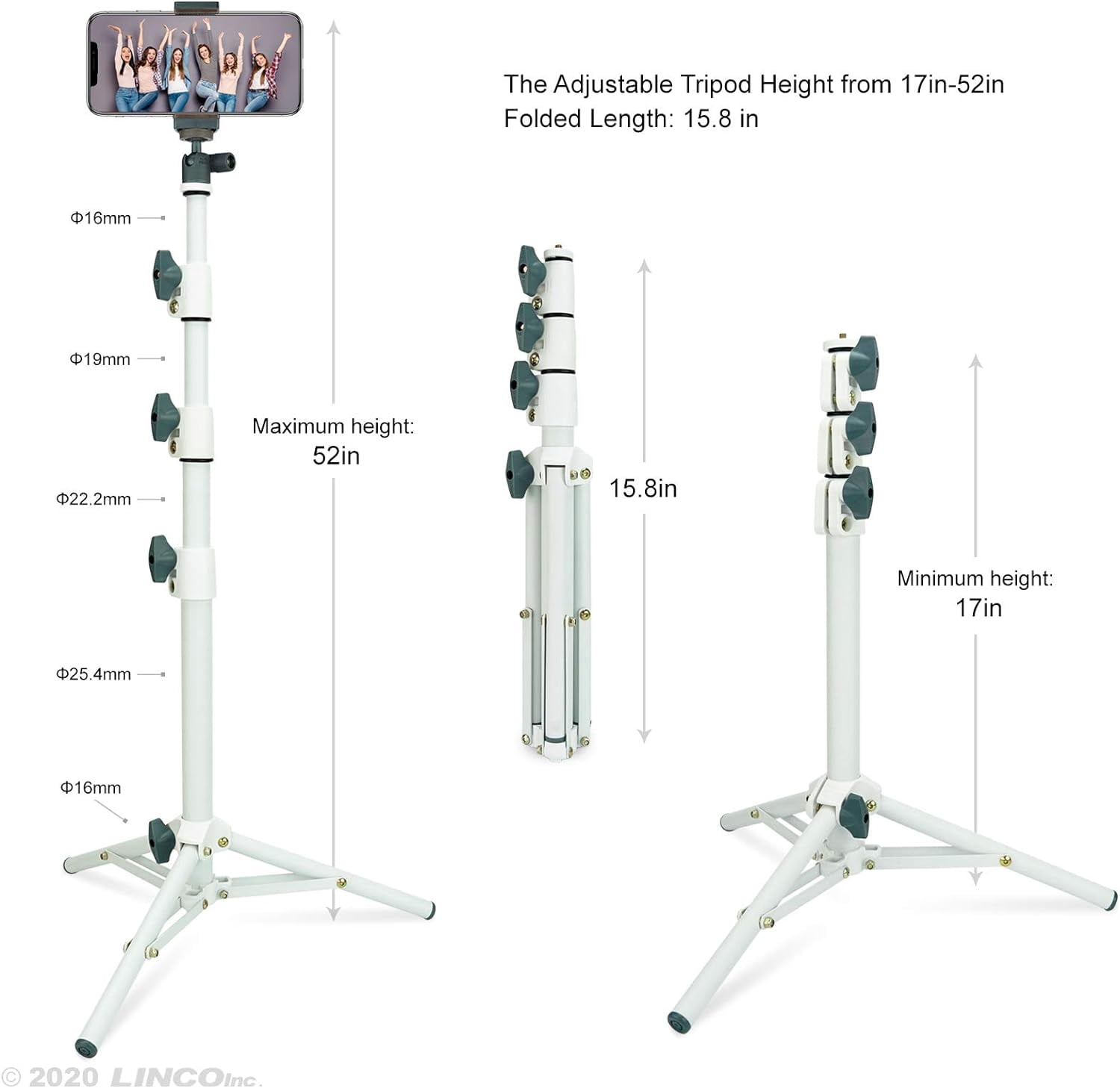 LINCO Adjustable Selfie Stick Tripod 52” Extendable Heavy Duty Rotatable Selfie Stick with Bluetooth Wireless Remote Shutter for iPhone Samsung-White 8884