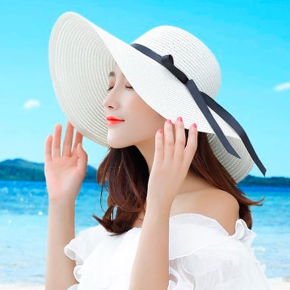 White Women's Sun Hats, Women Big Brim Straw Hat Sun Floppy Wide Brim Hats Bowknot Folding Beach Cap,Women's Accessories Sun Hats