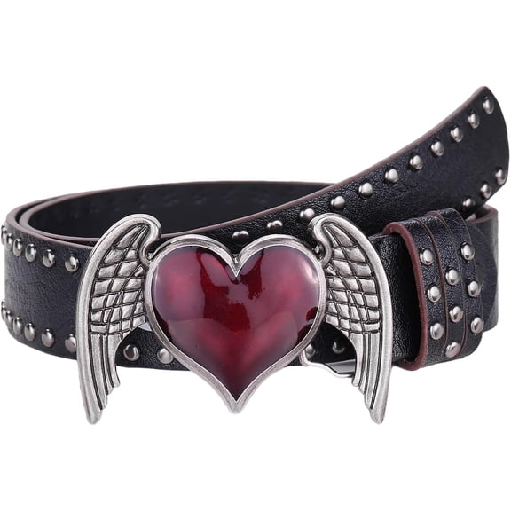 DOVACKA Heart Wing Studded Belt, Punk Gothic PU Leather Waist Belt with Vintage Enamel Buckle Y2k Rock Emo Grunge Jean Belt