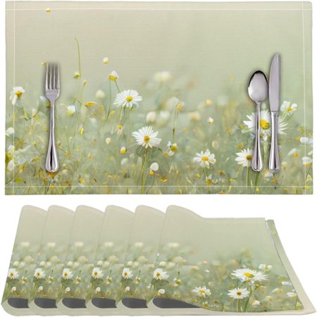 Kitchen Table Mats Set of 6 Woven Texture Carpet Washable Kitchen Dining Table Placemat Heat-Resistant Desktop Placemat for Dinning Table Home Decor Daisy Floral Green