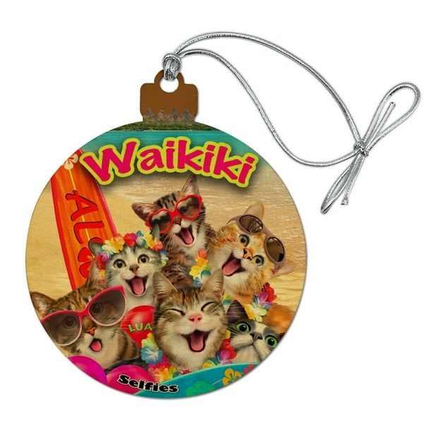 Waikiki Beach Cat Surf Selfie Honolulu Hawaii Wood Christmas Tree