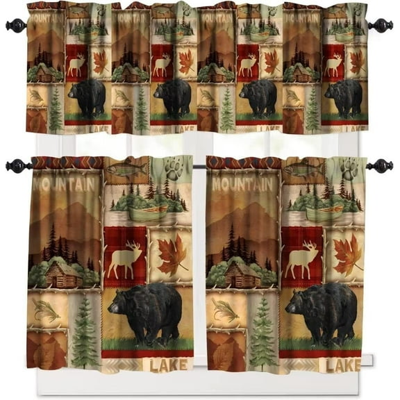 Rustic Moose Deer Curtain Set, Vintage Cottage Country Style Pine Tree Elk Window Valances and Tier Set for Kitchen Living Room Café Décor