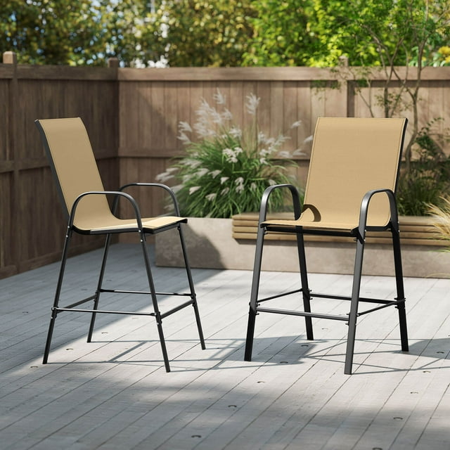 Costway 2 PCS Outdoor Bar Stools 29" Fabric Bar Height Stools with Armrests & Footrest Beige