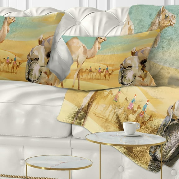 Designart Wandering Camels in Desert - Watercolor Animal Throw Pillow - 12x20