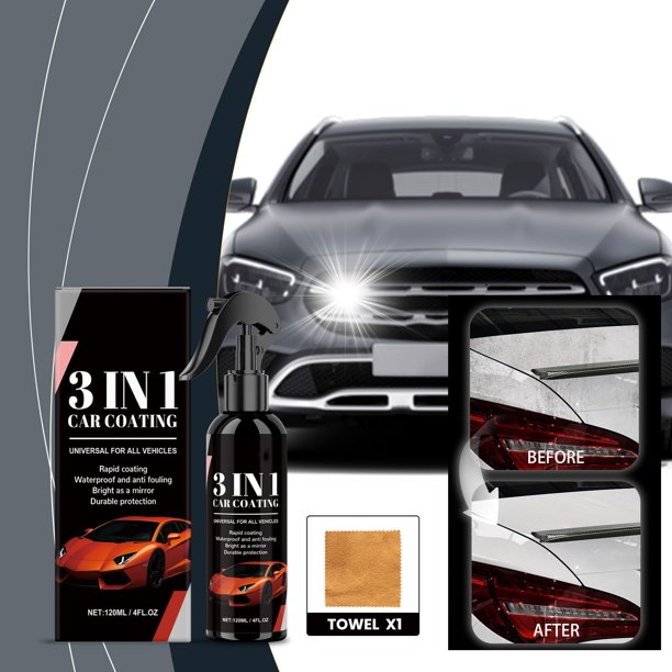 Spray de revestimiento de coche 3 en 1 | Limpieza eficiente y eliminación de manchas rebeldes | Pulido fuerte | Fácil de usar | 120ml | Potenciador de brillo | Capa protectora | Incluye toalla |