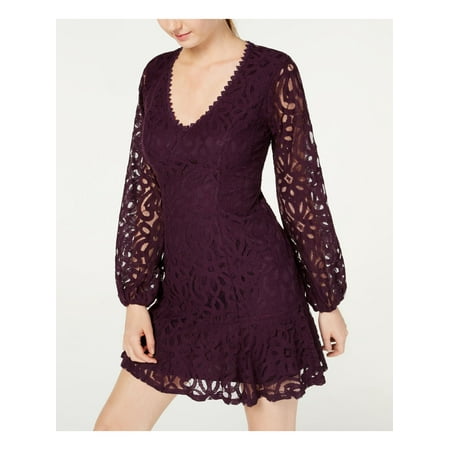 CITY STUDIO Womens Purple Lace Cut Out Printed Long Sleeve Scoop Neck Micro Mini Evening Trapeze Dress Juniors 7