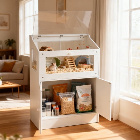 Large Hamster Cage with Storage Cabinet, Acrylic Front Small Animal Habitat with Ventilated Mesh, Open Top, Deep Bedding Area for Hamsters, Gerbils