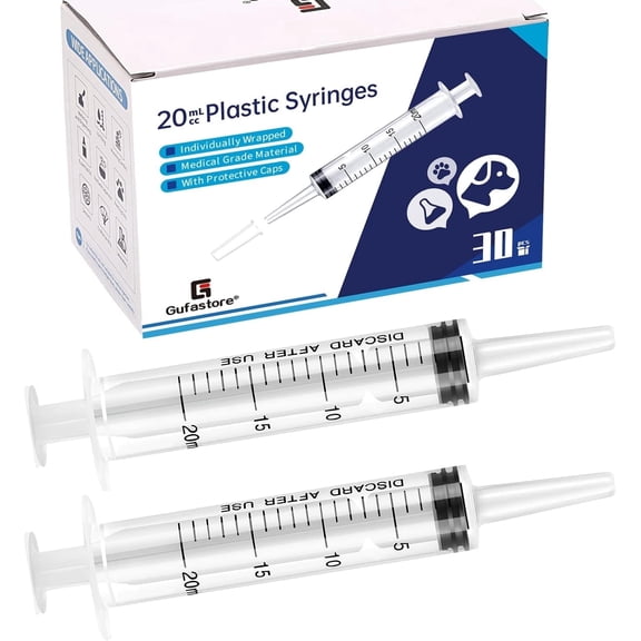Gufastore 30 pack 20ml Plastic Syringe for Scientific Labs, Measuring Liquids, Feeding Pets, Oil or Glue Applicator