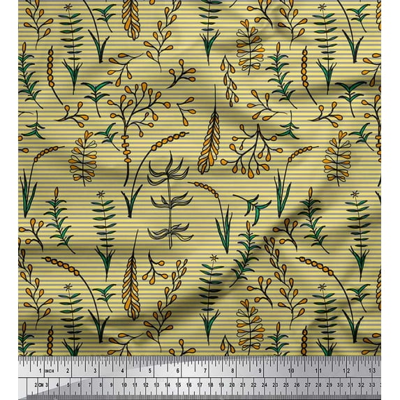 Soimoi Yellow Poly Georgette Fabric Artistic Leaves Stripe Decor Fabric Printed Yard 42 Inch Wide