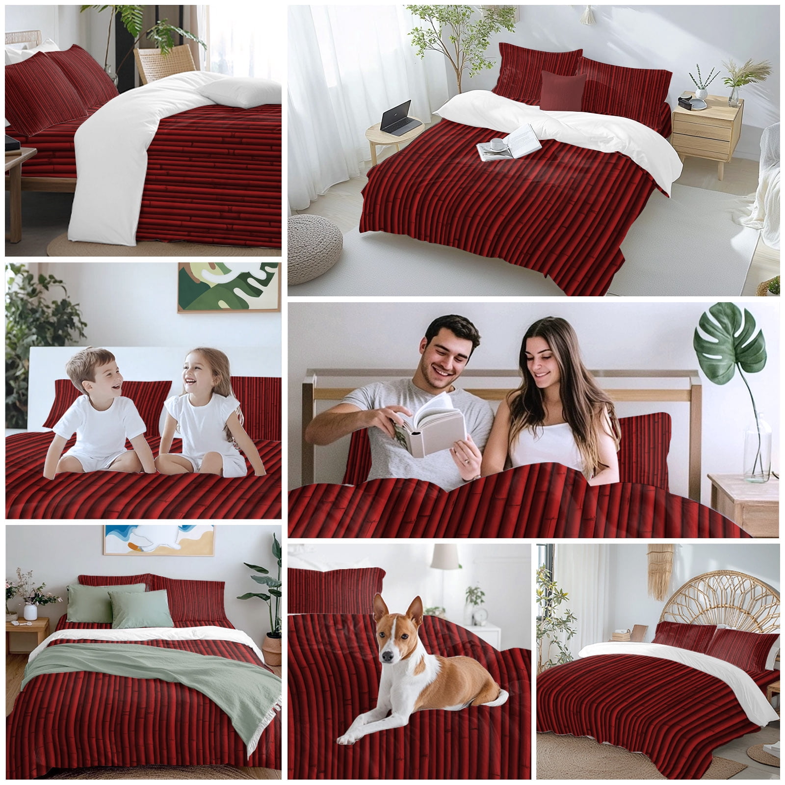 Red Bamboos 4 Piece Duvet Cover Set Queen Size Natural Vintage Bamboos Tree Plant Image Soft Bedding Set Comforter Cover, 1 Duvet Cover 1 Flat Sheets and 2 Pillowcases