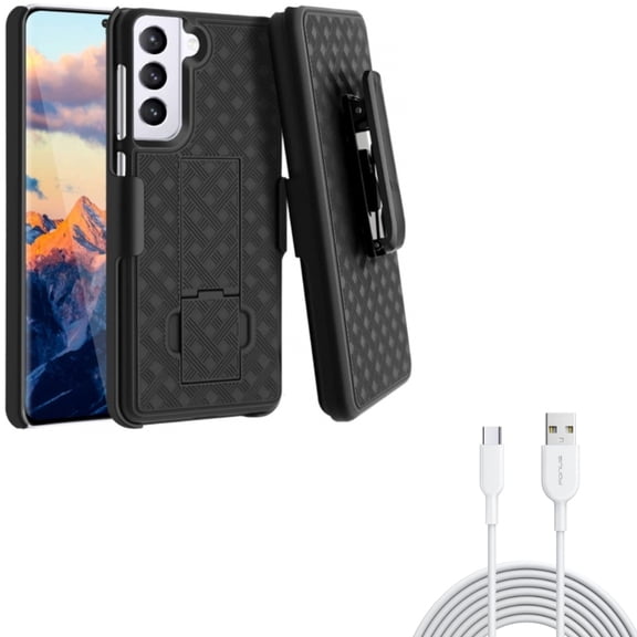 6ft USB-C Cable w Case Belt Clip for Samsung Galaxy S21 - Type-C Fast Charger Cord, Holster Swivel Cover