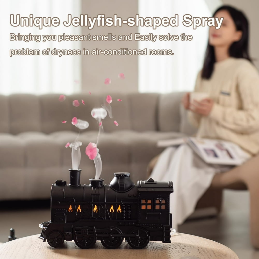 Baweave Cool Mist Train Humidifier Portable Mini Train Essential Oil Diffuser with 2 Light 2 Mist Mode Auto Shut Off for Bedroom & Large Room No Remote Included