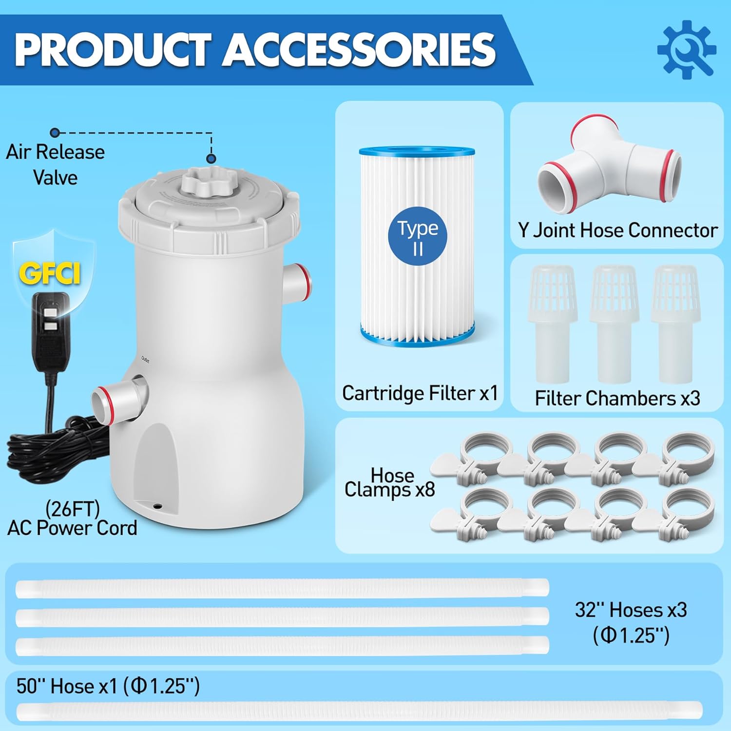 Standard Series Above Ground Pool Filter Pump - 800 GPH Flow Rate | Rapid Circulation & Micro-Debris Filtration, Pool Cartridge Filter Pump System - Keep Water Crystal Clean & Clear