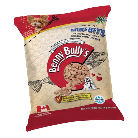 Benny Bullys Pillow Pack Mini Bits - Whitefish & Rosemary Extract - Freeze Dried Dog Treats - 14g