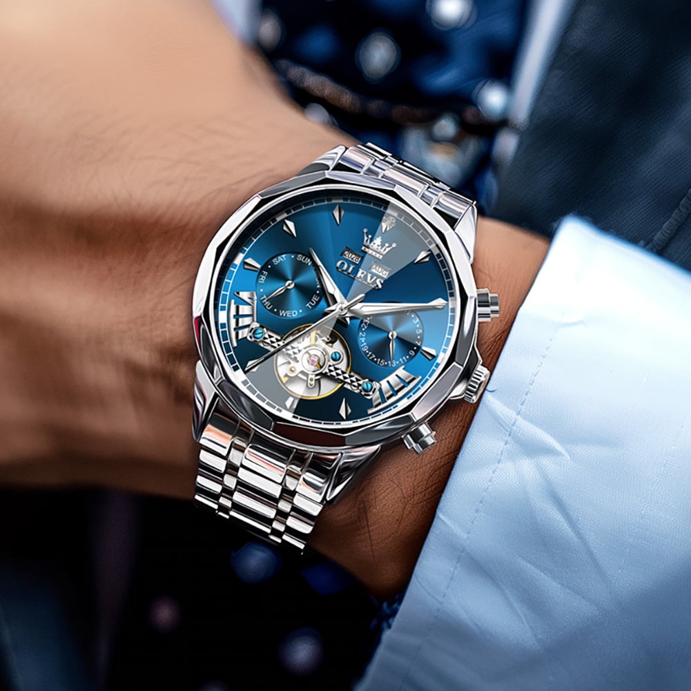 OLEVS Automatic Watches for Men Luxury Dress Waterproof Self Winding Mechanical Chronograph Diamond Stainless Steel Luminous Date Skeleton Tourbillon Mens Watches Gift Reloj Para Hombre Blue Dial