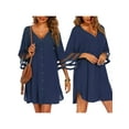 thumbnail image 4 of KOMOO Women Chiffon Shirt Smock 3/4 Sleeve V Neck Button Loose Shirt Dress Oversize Bikini Cover-Up, 4 of 5
