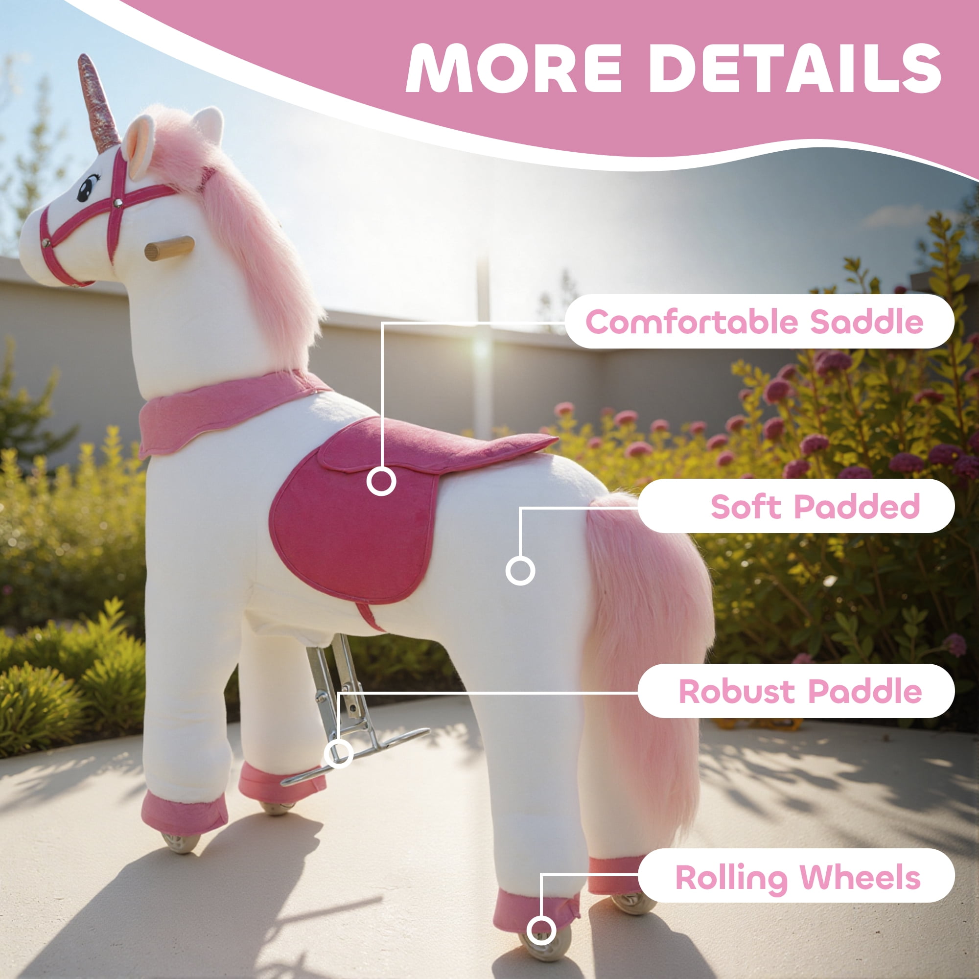 Qaba Ride on Unicorn Toy for Kids 4-7 Years, 37.8 Inch Plush Baby Rocking Horse, Mechanical Walking Animal with Wheels, No Batteries Required, White