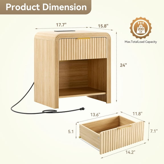 Fluted Nightstand with Charging Station, Modern Bedroom Furniture Side Table with Gold Handles, Drawers & Open Shelf, Curved  Design, End Table Wood Organizer for Bedroom, Natural Oak
