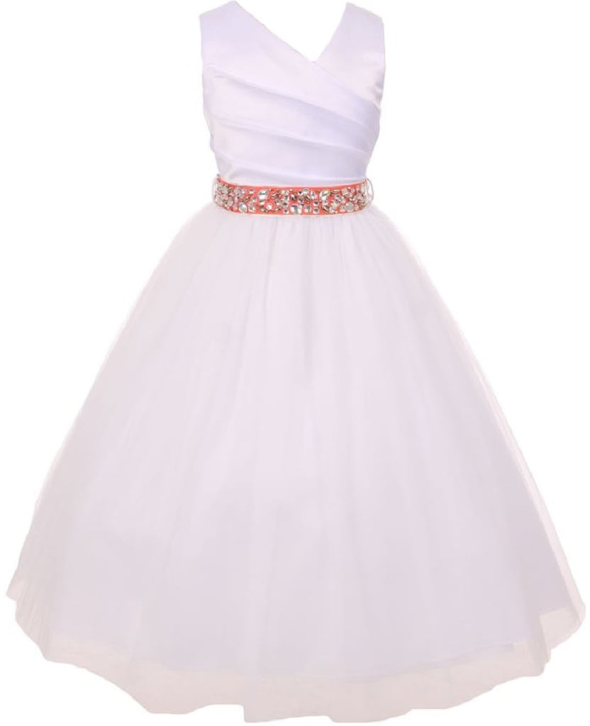 V Neck Satin Spinning GatheCoral Little Girl Flower Girls Dresses White