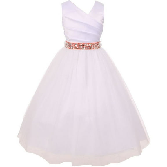 V Neck Satin Spinning GatheCoral Little Girl Flower Girls Dresses White Coral 2