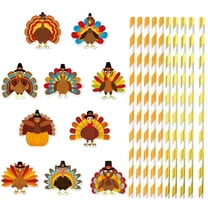 Thanksgiving Turkey Shaped Paper Straws 10-Pack And Striped Straws Set, Includes 10 Turkey Decorative Toppers And 10 Striped Straws, Designed For Big Kids And Teens To Use At Fall