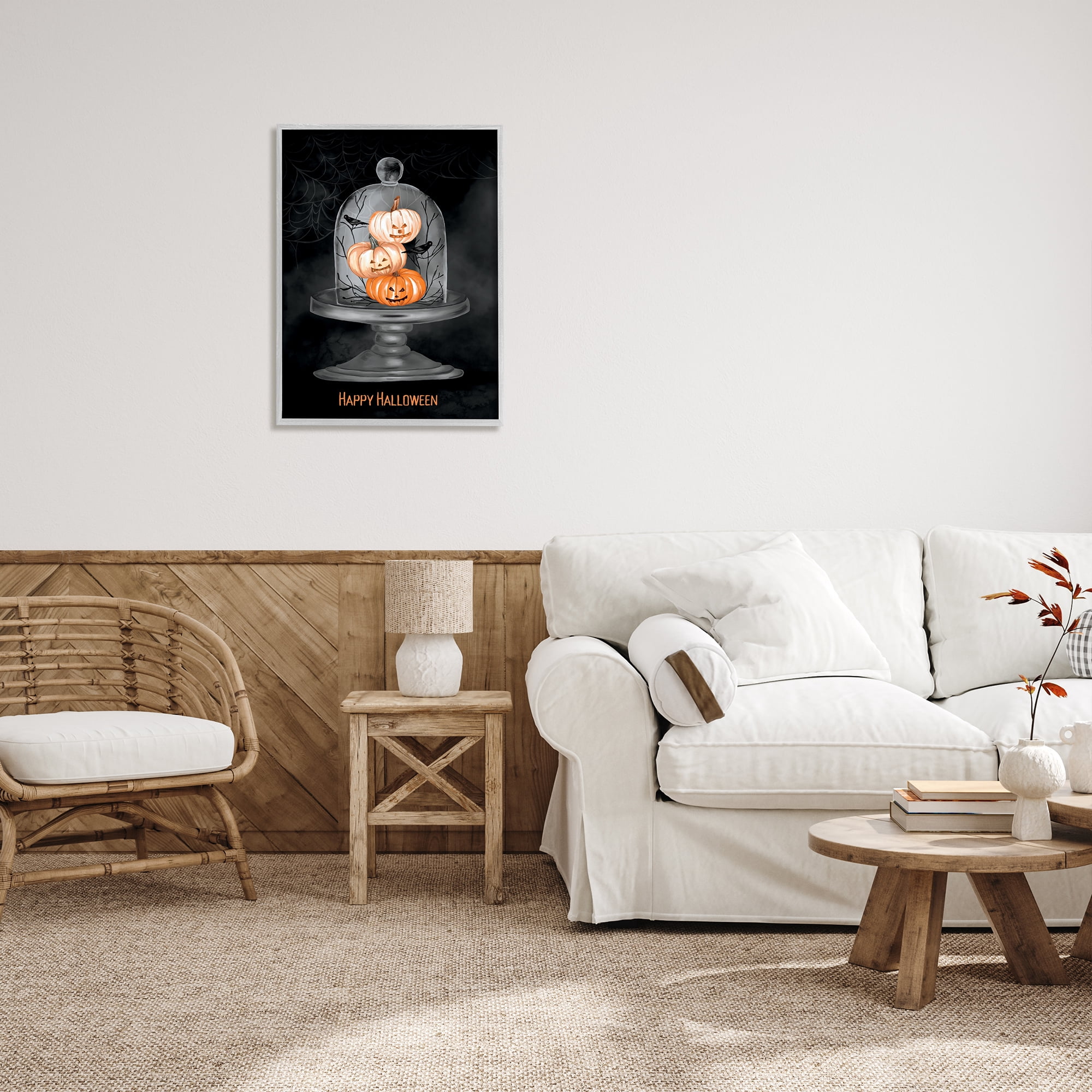 Stupell Industries Halloween Pumpkins & Crows Holiday Painting Gray Framed Art Print Wall Art, 24 x 30