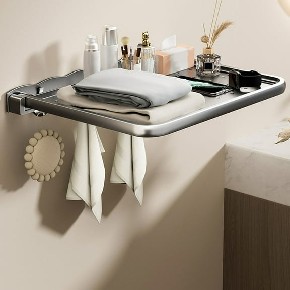 Bathroom Wall Mounted Folding Storage Shelf, Towel Clothes Organizer With Hooks, Easy To Install And Clean, Strong Load Bearing, Space Saving, Versatile For Bathroom Kitchen Bedroom