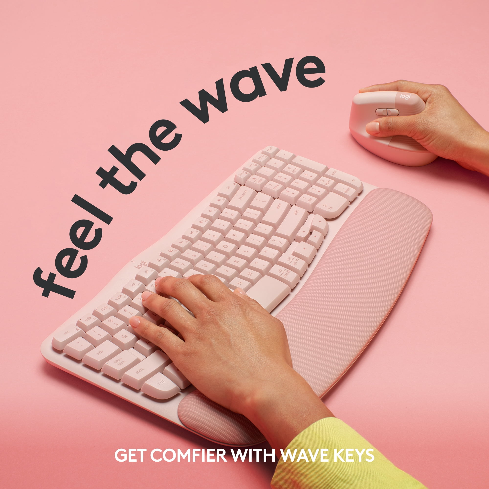 Logitech Wave Keys Wireless Ergonomic Keyboard with Cushioned Palm Rest, Comfortable Natural Typing, Easy-Switch, Bluetooth, Logi Bolt Receiver, Rose