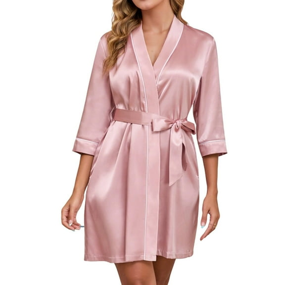 Nfurl Satin Short Robes for Women Elegant 3/4 Sleeve Belt Spa Bathrobes Ladies Lounge Robes Soft Sleepwear Lightweight Lounge Bathrobe Pink S