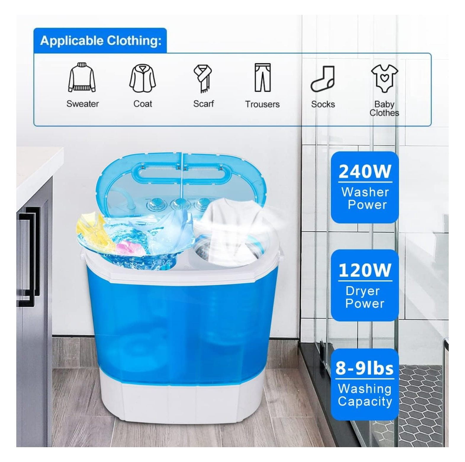 Portable Washer Compact Twin Tub 9.9 LB Mini Top Load Washing Machine Washer/Spinner w/ 6.57 FT Inlet Hose