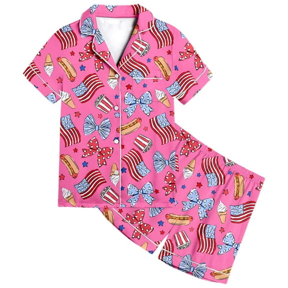 Gbsyewxs Girls Outfits 2 Piece Lapel Short Sleeve Independence Day Print Tops And Shorts Set Homewear Summer Girls Clothes Set Pink Size 4-5 Years