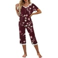 thumbnail image 4 of snilers Halloween Pajamas Women Fashion Casual Floral Print Lounge Set Short Sleeve V Neck T Shirts and Capri Pants Matching Pjs Loungewear Set, 4 of 9